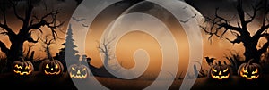 pumpkins on black orange horror halloween background. banner