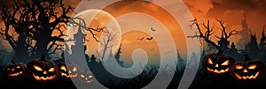 pumpkins on black orange horror halloween background. banner