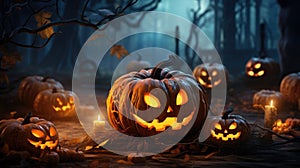 Pumpkins on blurred background at night in foggy dark spooky forest with burning candles, Halloween holiday concept