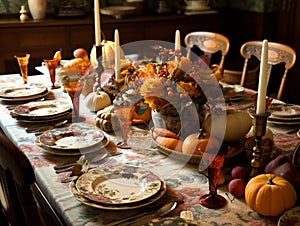 Pumpkins and candles on rustic autumn table for Thanksgiving day family home dinner. Fall traditional holiday food. Generative AI