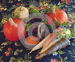 Pumpkins, carrots, seeds, butternut squash and herbs