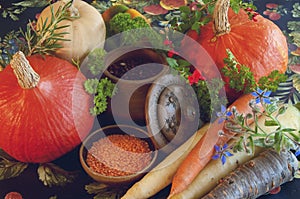 Pumpkins, carrots, seeds, butternut squash and herbs