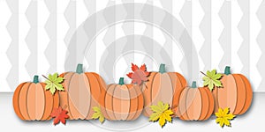 Pumpkins with colourful leaves on white abstract background. Autumn or Thanksgiving.