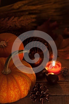 Pumpkins with cones and candle