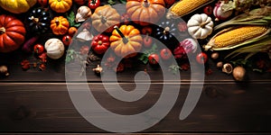 Pumpkins, corn and other vegetables lie on a wooden table, top view