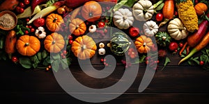 Pumpkins, corn and other vegetables lie on a wooden table, top view