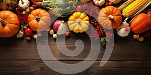 Pumpkins, corn and other vegetables lie on a wooden table, top view