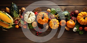 Pumpkins, corn and other vegetables lie on a wooden table, top view