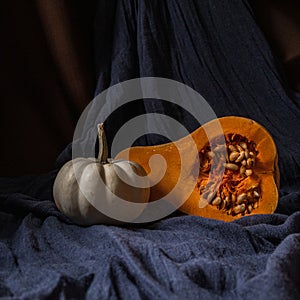 Pumpkins on a dark background. Autumn still life.