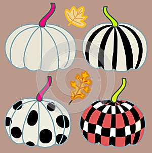 Pumpkins deign set with graphic pattern on four pumpkin drawing autumn and fall leaves hand drawn art vector