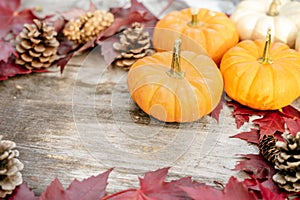 Pumpkins, dried leaves and pine wiht Autumn composition on wood background. Autumn, fall, halloween concept. Flat lay, top view,