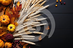Pumpkins, ears of wheat, maple leaves and berries on a dark wooden background. Thanksgiving card