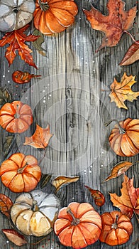 Pumpkins and fall leaves on dark wooden backdrop. Copy space for message or invitation. Concept of autumn harvest