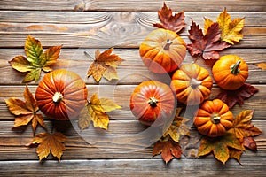 Pumpkins with fall leaves over wooden background. Top view photo