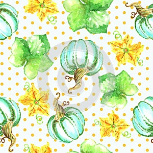 Pumpkins, flowers, leaves seamless pattern