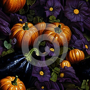 Pumpkins, flowers, leaves, vines, eggplants as abstract background, wallpaper, banner, texture design with pattern - vector. Dark