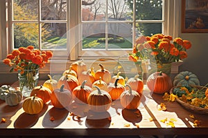 Pumpkins and flowers on a rustic table in private country house, autumn abstract background. Generative AI