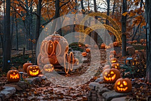 Pumpkins glowing in a field with a pumpkin carriage, AI-generated.