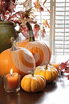 Pumpkins and gourds with candle