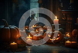 Pumpkins In Graveyard In The Spooky Night - Halloween Backdrop. AI Generated