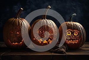 Pumpkins In Graveyard In The Spooky Night - Halloween Backdrop. AI Generated