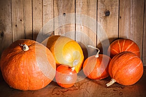 Pumpkins on grunge wooden backdrop background