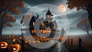 Pumpkins and haunted mansion, Halloween background, AI generated illustration