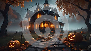 Pumpkins and haunted mansion, Halloween background, AI generated illustration