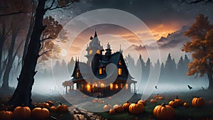 Pumpkins and haunted mansion, Halloween background, AI generated illustration