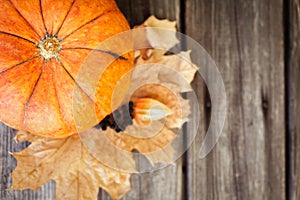 Pumpkins, leaves and berries on old wooden table