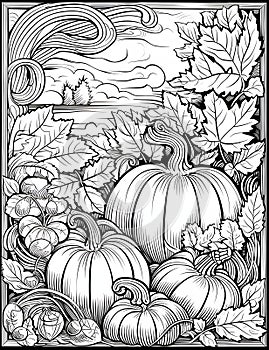 Pumpkins and leaves black and white coloring book. Pumpkin as a dish of thanksgiving for the harvest, picture on a white isolated