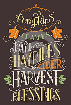 Pumpkins leaves fall hay rides typography sign