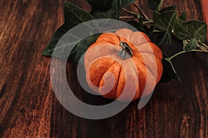 Pumpkins and leaves over wooden background copy space. Template