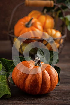 Pumpkins and leaves over wooden background copy space. Template