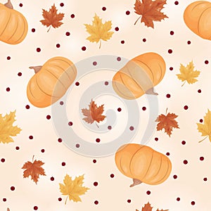 Pumpkins, maple leaves on a beige background