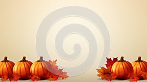 pumpkins and maple leaves on a beige background