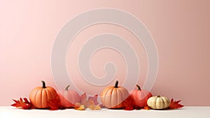 pumpkins and maple leaves on a pink background