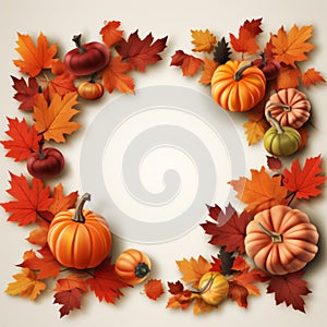 pumpkins and maple leaves in the shape of a frame