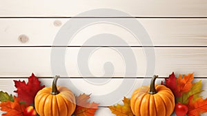 pumpkins and maple leaves on a wooden background