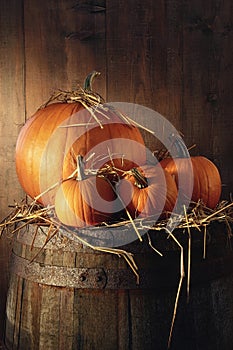 Pumpkins on old barrel