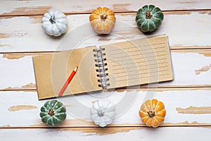 Pumpkins, an open notepad, pencil, on white boards. view from above. Space for text