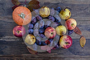 Pumpkins, plums, apples, pears and autumn leaves are dezhat on an old wooden table