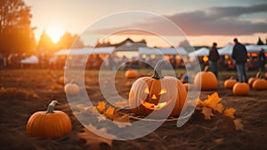 pumpkins on a pumpkin patch farm autumn fall festival with lights and people. ai generated