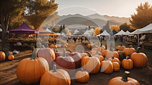 pumpkins on a pumpkin patch farm autumn fall festival with lights and people. ai generated