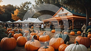 pumpkins on a pumpkin patch farm autumn fall festival with lights and people. ai generated