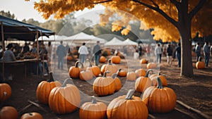 pumpkins on a pumpkin patch farm autumn fall festival with lights and people. ai generated