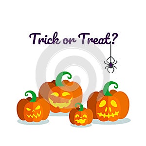 Pumpkins ready for Halloween. Holiday poster with lanterns and spider. Vector illustration in white background