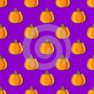 Pumpkins seamless pattern in pixel art style. Thanksgiving background in retro style. Autumn pattern with 8 bit pumpkin