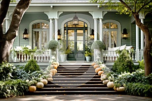 Pumpkins on the steps at the house. Autumn decoration the beautiful entrance to the house. Halloween decorations outside