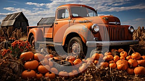 Pumpkins surround an old vintage truck in a fall barn country setting - generative AI